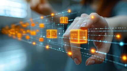 Woman interacting with digital cube chain in modern office, blockchain technology concept