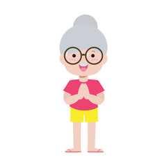 Songkran festival old people thai greeting sawasdee welcome to Thailand, Traditional happy thai new year, senior man and woman in Thailand cartoon flat style Illustration