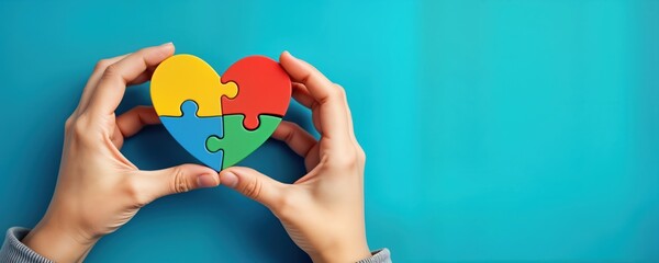 Childs hands hold jigsaw puzzle heart. Colorful pieces create unity, support concept. Photo conveys autism awareness campaign. Family support, care for autistic child. Focus on inclusion,