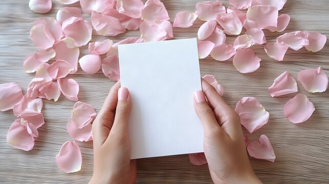 Close-Up of Asian Woman's Hands Holding a Blank White Card Among Pink Rose Petals. Concept of Romantic Message, Elegance, Femininity, Greeting Card. Copy space - Powered by Adobe