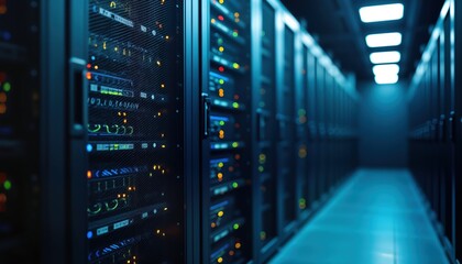 Server room full of tech equipment. Many servers in rack. Tech center. Modern data storage. Powerful computer hardware. Dark room. Lots of lights. Network infrastructure. Digital communication