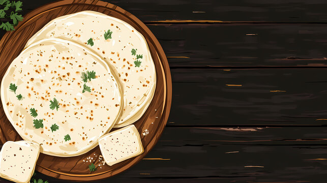 Pita with sujuk and kashar cheese, on old dark wooden table background, top view flat lay. Cascadefall. Illustration