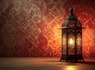 Ramadan background, in colors of brown and red, with ample copy space for text or graphics. A lantern is lit in the corner of the frame, casting intricate shadows on an empty wall decorated 
