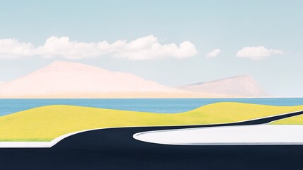 Serene Coastal Road: A Minimalist Photographed Landscape. AI Generated