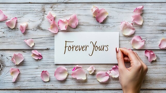 Hand Holding Elegant Handwritten Card Forever Yours Amidst Pink Rose Petals on Rustic Wooden Background