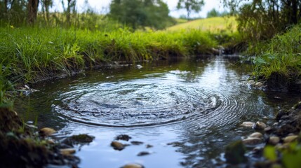 Fototapeta premium A small stream of water is flowing through a grassy area
