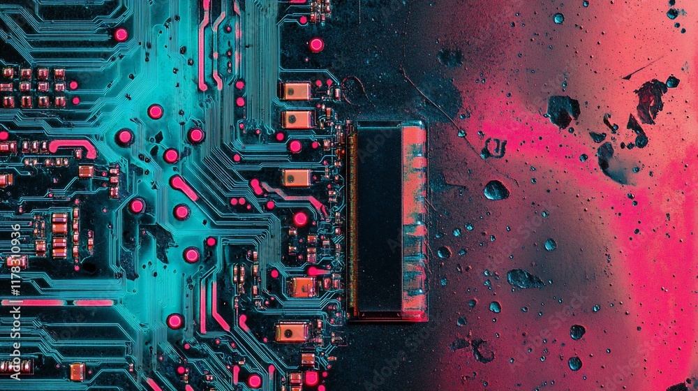 Aufkleber close-up of a circuit board with vibrant teal and pink accents, showcasing intricate electronic comp