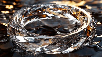 A crystal-like ring floating on a reflective surface, showcasing elegance and fluidity.