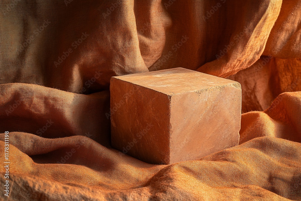 Poster A terracotta-colored stone cube sits on a matching fabric.  The cube is smooth and subtly textured. The fabric is softly draped around it.