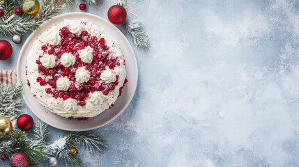 festive red velvet cake topped with cream cheese frosting and berries, surrounded by holiday decorations like ornaments and pine branches, creating joyful atmosphere