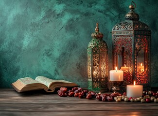 Fototapeta premium Ramadan background, in the color green, with Arabic lanterns and dates on the table, candlelight, a holy Quran, and rosary beads. Copy space for text. 