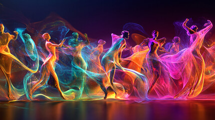 Fototapeta premium A vibrant depiction of a tribal dance ritual, with abstract figures moving in unison, their bodies creating dynamic shapes and energy in the night. 