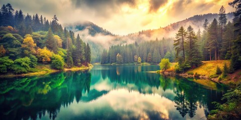 Naklejka premium Vintage Mountain Lake Crater Photography: Serene Forest Reflections
