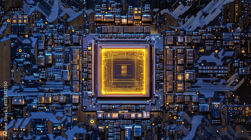 Poster Close-up of a complex microchip circuit board with glowing central processor.