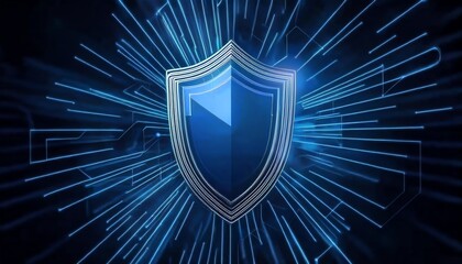 Fototapeta premium A blue shield symbol surrounded by radiant lines, representing protection and cybersecurity.
