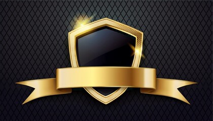 A sleek gold shield with a blank banner, set against a textured dark background, symbolizing protection and achievement.
