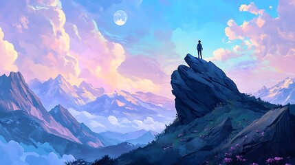 A person standing on top of a mountain, looking at a vast landscape, symbolizing the achievement of life goals after years of learning and effort