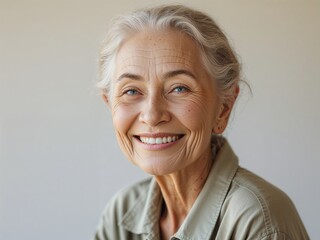 Fototapeta premium a warm and kind old woman with wrinkled skin, bright eyes, and a gentle smile, wearing casual, earth-toned clothing - grandmother