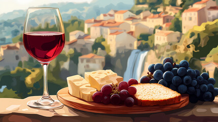 Cheese board and glass of red wine against the backdrop of village. ai. Cascadefall. Illustration