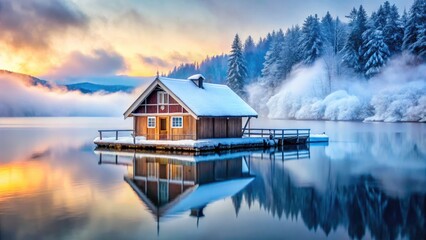 Fototapeta premium Winter Wonderland: Snowy Boat House on Foggy White Lake - Architectural Photography