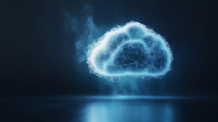 Obraz premium Digital Cloud Visualization with Network Connections and Glowing Lines on Dark Background Representing Data Storage and Cloud Technology Concepts
