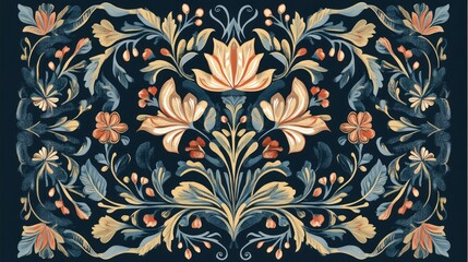 A decorative floral pattern featuring intricate designs and vibrant colors on a dark background.