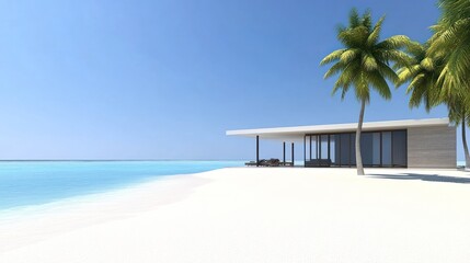 Fototapeta premium Modern beach house by the turquoise ocean and sandy shore.