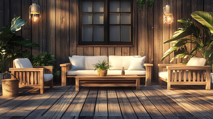 Wooden terrace with furniture and lighting