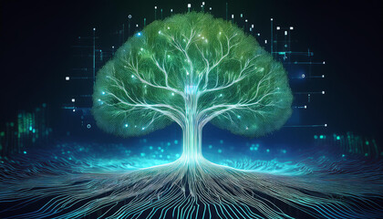 tech tree grows on network lines eco friendly tech concept smart agriculture future of energy green energy illustration modern tech tree with eco roots future tech and nature concept