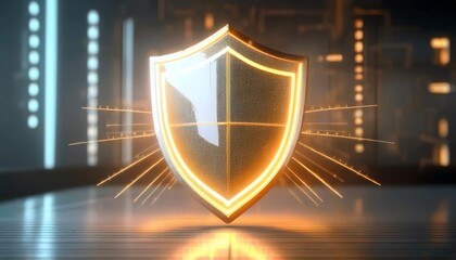 A glowing, golden shield with a reflective surface, surrounded by dynamic light effects, symbolizing protection and security in a digital space.
