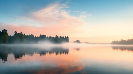 Fototapeta premium Tranquil Morning at a Lake Cabin: Vivid Sunrise Reflecting off Calm Waters with Silhouetted Pier