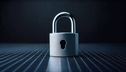 Fototapeta premium A metallic padlock stands on a dark surface, symbolizing security and protection in a minimalistic, modern setting.