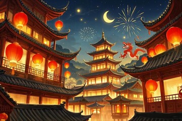 Fototapeta premium Illustration of the Chinese New Year celebration with red lanterns hanging in the temple complex at night