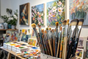 Fototapeta premium Paintbrushes close up in blurred art studio painting background