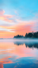 Fototapeta premium Tranquil Morning at a Lake Cabin: Vivid Sunrise Reflecting off Calm Waters with Silhouetted Pier