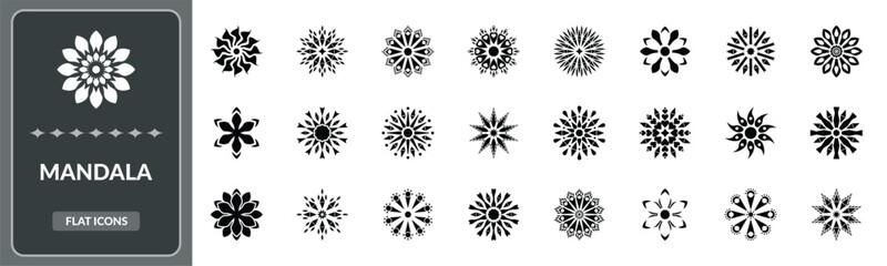 Mandala icon set. Set of circular mandala, geometric flowers, snowflake icon - Stock Vector