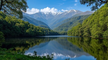Fototapeta premium Serene mountain landscape with a tranquil lake and lush greenery.