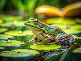 A serene pond, a colorful frog on a lily pad.  AI art.