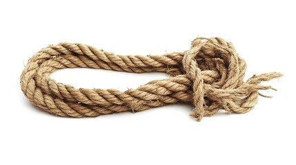 Obraz premium Long frayed rope near breaking, isolated on a white background. The rope shows signs of wear with threads unraveling, symbolizing tension and the verge of rupture,
