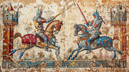 Medieval fresco depicting jousting knights in ornate armor and decorated horses between castle towers, featuring vintage color palette and weathered texture effects