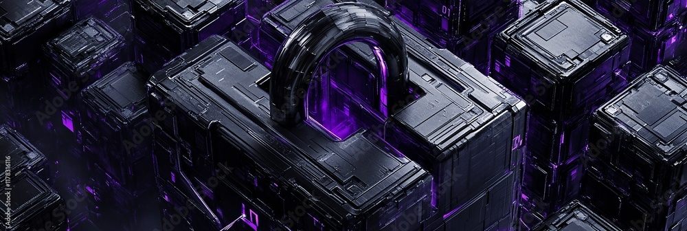 Poster Abstract 3D rendering of a futuristic padlock design among dark geometric structures.