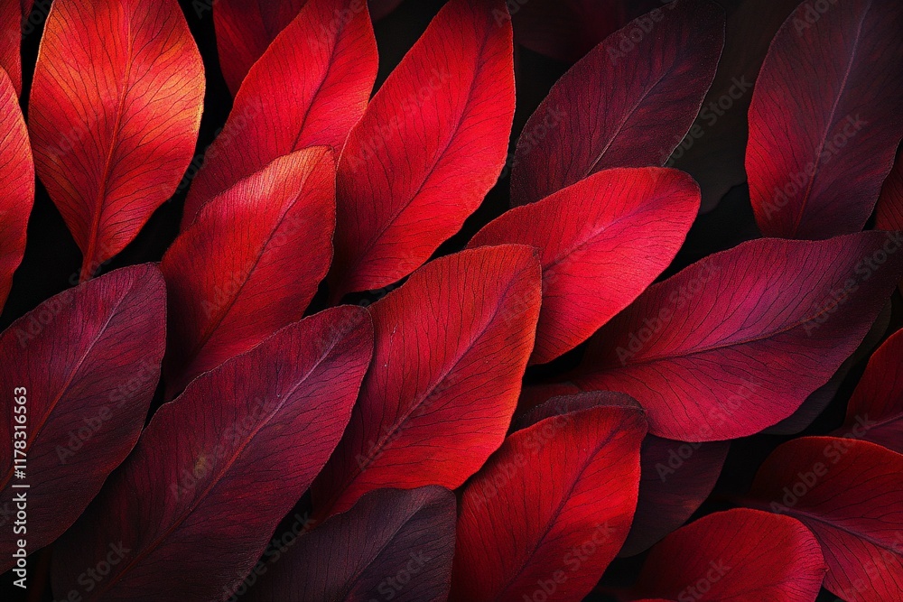 Aufkleber Close-up of vibrant red and burgundy leaves arranged in an overlapping pattern, creating a rich, textured background.
