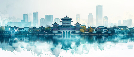 Chinese characteristics of the ancient city and modern city in the same frame image