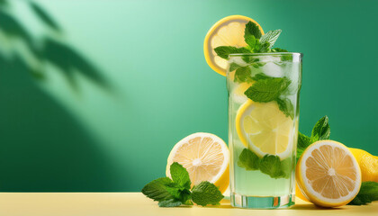 mint infused lemonade mockup with fresh mint and lemon fruit on neutral yellow green background