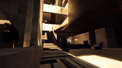 Modern interior design with sunlight illuminating stairs and lounge area.