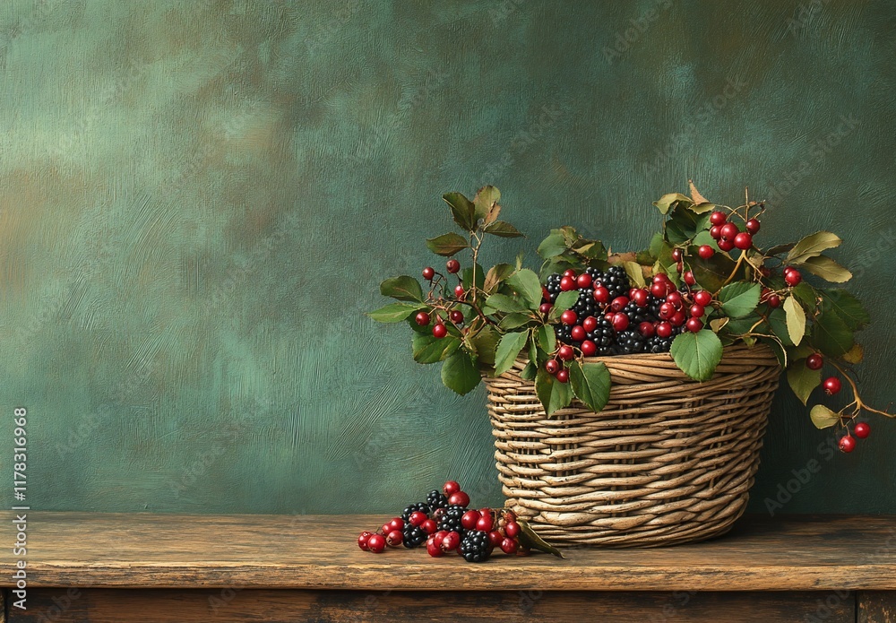 Poster a wicker basket overflowing with ripe blackberries and red berries sits on a rustic wooden surface a