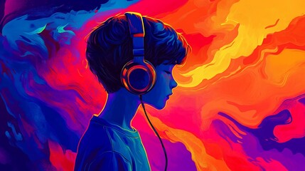 Obraz premium Boy listening to music with headphones, vibrant abstract background.