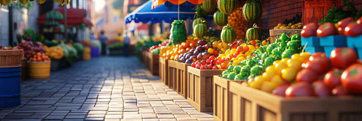 Fototapeta premium A vibrant market scene showcasing biodynamic produce, with colorful stalls filled with fresh fruits and vegetables, reflecting the community's commitment to sustainable agriculture. 