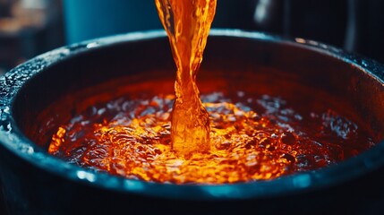Molten metal pouring into a container.