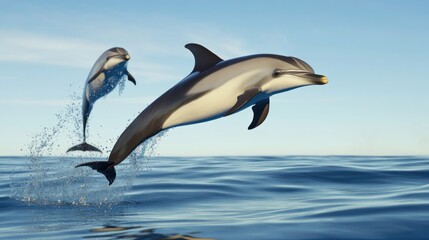 Obraz premium Two dolphins leaping out of the ocean against a clear sky.